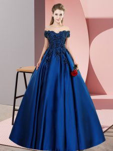 Fashion Blue A-line Lace Ball Gown Prom Dress Zipper Satin Sleeveless Floor Length