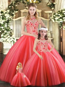 Stylish Floor Length Coral Red Sweet 16 Quinceanera Dress Halter Top Sleeveless Lace Up