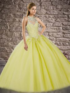 Halter Top Sleeveless Sweet 16 Dress Sweep Train Beading and Appliques Yellow Green Tulle