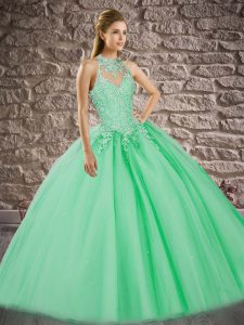 Designer Tulle Halter Top Sleeveless Sweep Train Lace Up Beading and Appliques Quince Ball Gowns in Apple Green