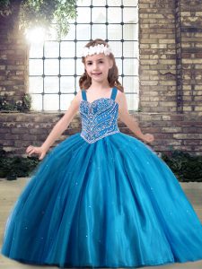 New Arrival Blue Sleeveless Tulle Lace Up Kids Pageant Dress for Party and Sweet 16 and Wedding Party