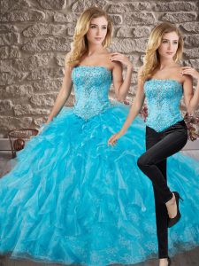 Extravagant Sleeveless Organza and Lace Brush Train Lace Up Quinceanera Gowns in Baby Blue with Beading and Ruffles
