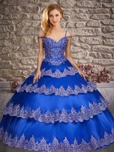 Glamorous Royal Blue Satin Lace Up Straps Sleeveless Floor Length Sweet 16 Dresses Appliques and Ruffled Layers