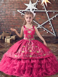 Custom Designed Ball Gowns Pageant Gowns For Girls Hot Pink Straps Satin and Organza Sleeveless Floor Length Lace Up