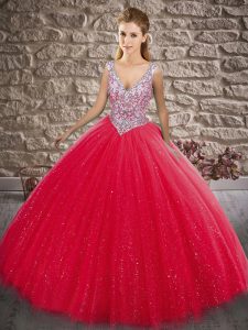 Floor Length Coral Red Sweet 16 Dresses Tulle Sleeveless Beading