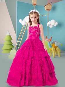 Hot Pink Ball Gowns Beading and Ruffled Layers Little Girl Pageant Dress Zipper Lace Sleeveless Floor Length