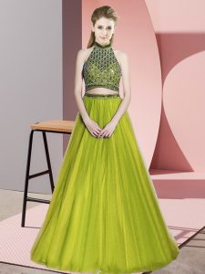 Dazzling Olive Green Halter Top Neckline Beading Homecoming Dress Sleeveless Backless
