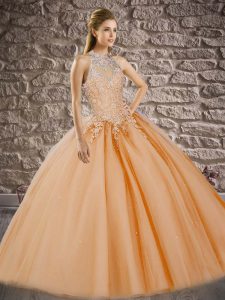 Enchanting Orange Tulle Lace Up Halter Top Sleeveless Sweet 16 Quinceanera Dress Sweep Train Beading and Appliques