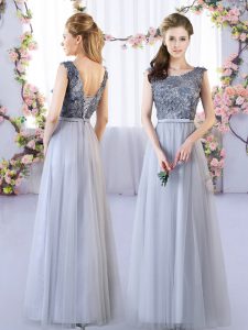 Attractive Grey Lace Up Scoop Appliques Bridesmaid Gown Tulle Sleeveless