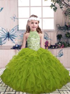 Dazzling Tulle High-neck Sleeveless Lace Up Beading and Ruffles Little Girls Pageant Dress in Olive Green