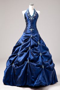 Delicate Taffeta Halter Top Sleeveless Lace Up Appliques and Pick Ups Sweet 16 Dress in Royal Blue