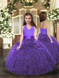 Dazzling Purple Ball Gowns Halter Top Sleeveless Organza Floor Length Lace Up Ruffles Girls Pageant Dresses