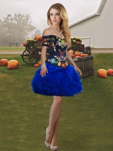 Best Tulle Off The Shoulder Sleeveless Lace Up Embroidery and Ruffles Prom Dresses in Royal Blue