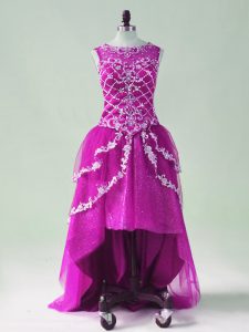 Fuchsia Scoop Zipper Beading and Appliques Prom Evening Gown Sleeveless