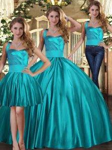 Floor Length Lace Up Quinceanera Gown Teal for Military Ball and Sweet 16 and Quinceanera with Ruching