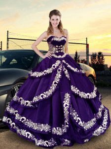 Amazing Purple Lace Up Sweetheart Embroidery and Ruffled Layers Ball Gown Prom Dress Satin and Taffeta Sleeveless