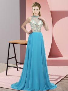 Aqua Blue Prom Gown Prom and Party with Beading Halter Top Sleeveless Brush Train Backless