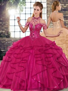 Nice Fuchsia Halter Top Lace Up Beading and Ruffles Quinceanera Gowns Sleeveless