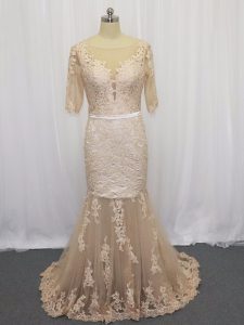 Mermaid Half Sleeves Champagne Prom Evening Gown Brush Train Backless