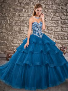 Inexpensive Sweetheart Sleeveless 15 Quinceanera Dress Brush Train Embroidery and Ruffled Layers Blue Tulle