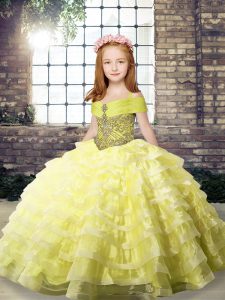 Customized Yellow Kids Formal Wear Organza Brush Train Sleeveless Beading and Ruffled Layers
