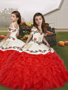 Red Sleeveless Embroidery and Ruffles Floor Length Little Girl Pageant Dress