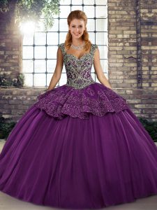 Customized Sleeveless Tulle Floor Length Lace Up Ball Gown Prom Dress in Purple with Beading and Appliques