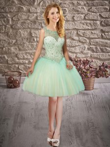Apple Green Ball Gowns Tulle Scoop Sleeveless Beading Mini Length Backless Prom Dress