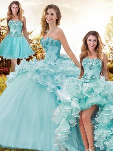 Fancy Aqua Blue Sleeveless Brush Train Beading and Ruffles Quinceanera Dresses