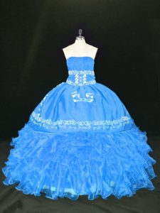 Dynamic Strapless Sleeveless Quinceanera Gowns Floor Length Embroidery and Ruffles Blue Organza