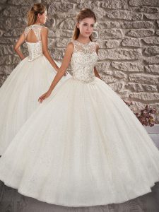 Top Selling Sleeveless Floor Length Beading Lace Up 15th Birthday Dress with White