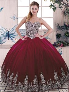 Fashionable Burgundy Ball Gowns Tulle Sweetheart Sleeveless Beading and Embroidery Floor Length Side Zipper Quinceanera Gowns
