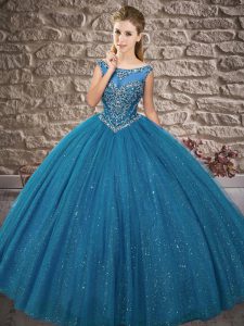 Pretty Blue Ball Gowns Beading 15 Quinceanera Dress Zipper Tulle Sleeveless Floor Length