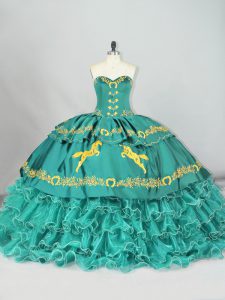 Satin and Organza Sweetheart Sleeveless Brush Train Lace Up Embroidery and Ruffled Layers Vestidos de Quinceanera in Turquoise