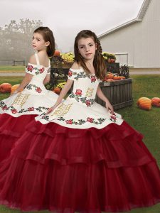 Latest Wine Red Straps Lace Up Embroidery Girls Pageant Dresses Sleeveless