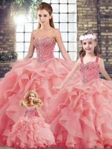 Trendy Watermelon Red Tulle Lace Up Sweetheart Sleeveless Quinceanera Dresses Brush Train Beading and Ruffles