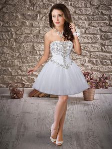 Superior Tulle Strapless Sleeveless Lace Up Beading Prom Evening Gown in White