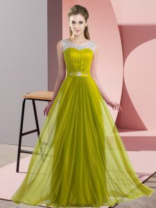 Olive Green Empire Chiffon Scoop Sleeveless Beading Floor Length Lace Up Court Dresses for Sweet 16