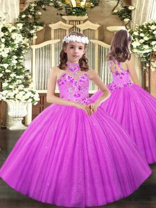 Low Price Lilac Ball Gowns Appliques Little Girl Pageant Gowns Lace Up Tulle Sleeveless Floor Length