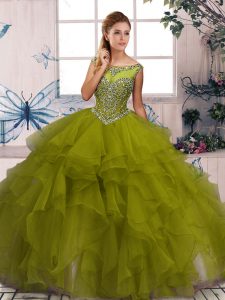 Organza Scoop Sleeveless Zipper Beading and Ruffles 15th Birthday Dress in Olive Green