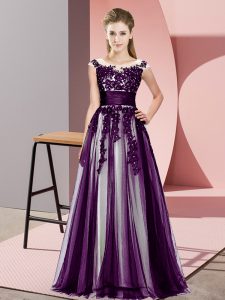 Dark Purple Zipper Scoop Beading and Lace Wedding Party Dress Tulle Sleeveless