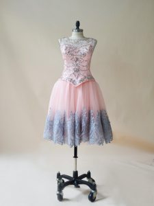 Baby Pink Evening Dress Prom and Party with Beading and Appliques Scoop Sleeveless Lace Up