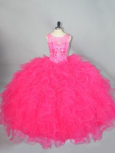 Flirting Hot Pink Lace Up Scoop Beading and Ruffles Quinceanera Dresses Organza Sleeveless