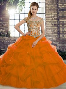 Rust Red Ball Gowns Tulle Off The Shoulder Sleeveless Beading and Pick Ups Lace Up 15th Birthday Dress Brush Train