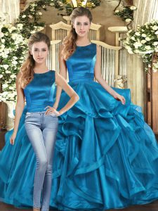 Affordable Teal Lace Up Scoop Ruffles Sweet 16 Quinceanera Dress Organza Sleeveless