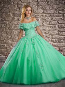 Eye-catching Turquoise Lace Up Sweet 16 Quinceanera Dress Lace and Appliques Short Sleeves Brush Train