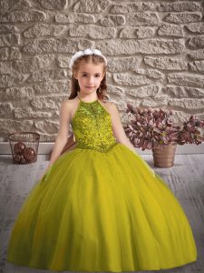 Wonderful Olive Green Sleeveless Beading Criss Cross Kids Pageant Dress