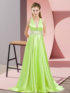 Low Price Yellow Green Sleeveless Beading Backless Prom Dresses