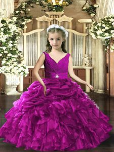 Affordable Purple Organza Backless V-neck Sleeveless Floor Length Kids Formal Wear Beading and Ruffles and Ruching