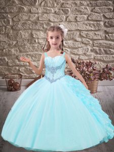 Glorious Aqua Blue Ball Gowns Beading and Ruffles Pageant Dress Wholesale Lace Up Organza Sleeveless